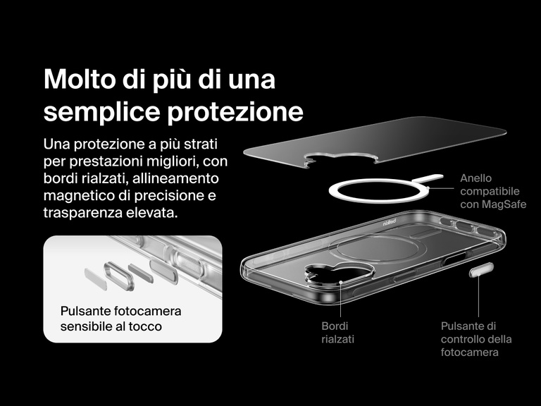 Belkin SheerForce Clear Series Case for iPhone 17 with raised edges, MagSafe-compatible ring, touch-sensitive camera button, and layered clear protection design.