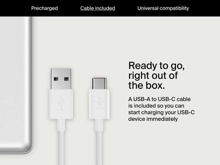 A USB-A to USB-C charging cable is shown next to a silver Belkin BoostCharge Power Bank 20K with text indicating it’s included for immediate charging out of the box.