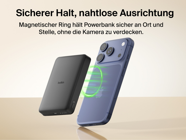 Belkin BoostCharge Slim Magnetic Power Bank 10K magnetically aligning to a smartphone for secure hold and wireless charging without blocking the camera
