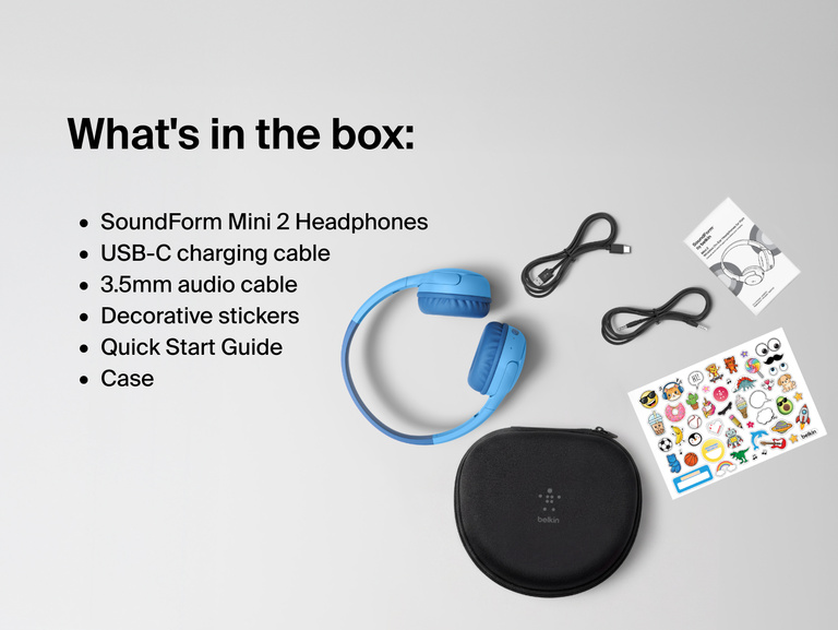 SoundForm Mini 2 Wireless On-Ear Headphones for Kids package contents laid out: headphones, USB-C charging cable, 3.5mm audio cable, decorative sticker sheet, case, and Quick Start Guide, with a Whats in the box label