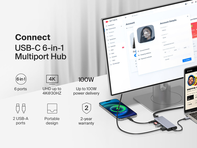 Image showing the Belkin Connect USB-C 6-in-1 Multiport Hub connected to a monitor, laptop, and smartphone, highlighting features such as 6 ports, 4K@30Hz display, 100W power delivery, 2 USB-A ports, portable design, and a 2-year warranty.
