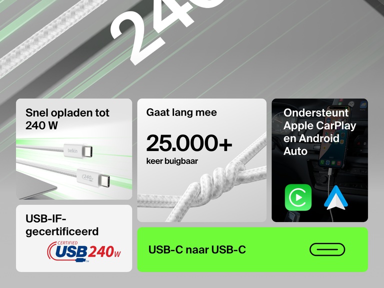 Infographic waarin de Belkin BoostCharge 240 W USB-C naar USB-C-kabel wordt uitgelicht en de volgende voordelen worden benadrukt: snel opladen met maximaal 240 W, meer dan 25.000 keer buigbaar, ondersteuning voor Apple CarPlay en Android Auto, USB-IF-gecertificeerd.
