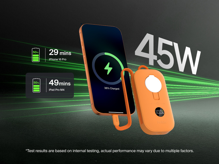 Belkin BoostCharge Slim Magnetic Power Bank 5K shown wirelessly charging earbuds, demonstrating 7.5W max magnetic wireless charging for single-device power.