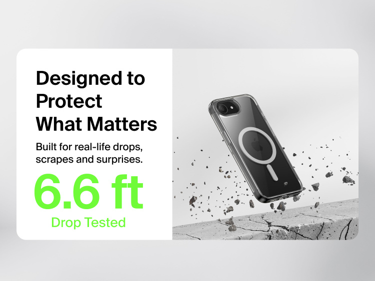Smartphone in a clear MagSafe-compatible protective case shown mid-drop toward a cracked concrete surface, illustrating durable protection with &ldquo;6.6 ft drop tested&rdquo; text and messaging about safeguarding against real-life drops and scrapes.