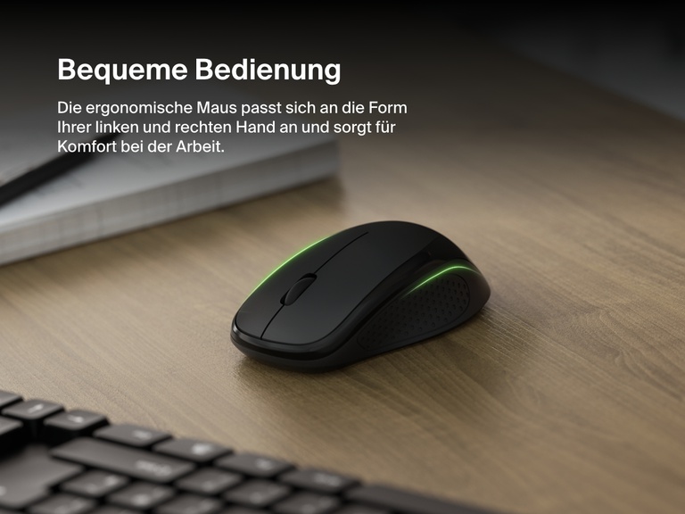 Eine Nahaufnahme der ergonomischen kabellosen Belkin Connect Maus, die zur bequemen Nutzung mit beiden Händen konzipiert ist, mit grüner Beleuchtung auf einem Holzschreibtisch.