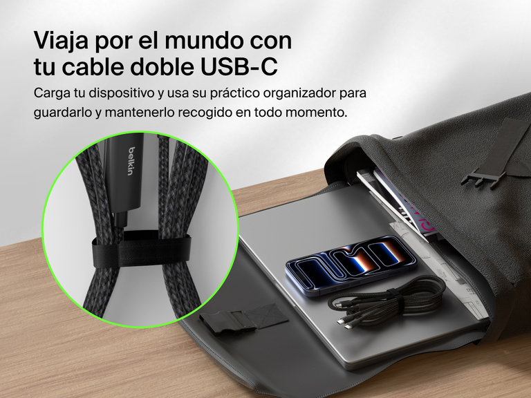 El cable trenzado USB-C a doble USB-C incluye un sistema organizador que permite recogerlo y guardarlo eficientemente para que puedas disfrutar de una c&oacute;moda carga de 140 W en cualquier parte.