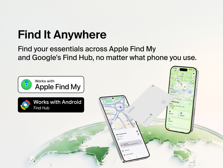 Belkin SureFind Card Bluetooth tracker shown with smartphones displaying location maps, compatible with Apple Find My and Google Find Hub.