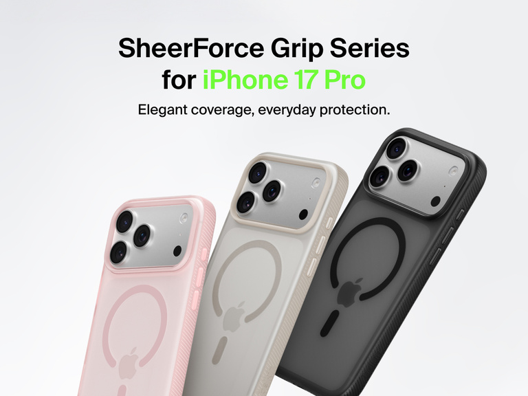 Belkin SheerForce Grip Series protective case for iPhone 17 shown in pink, clear, and black with slim design and MagSafe compatibility.