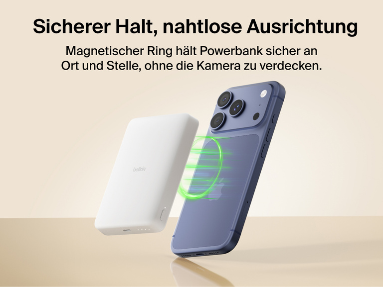 Belkin BoostCharge Slim Magnetic Power Bank 10K magnetically aligning to a smartphone for secure hold and wireless charging without blocking the camera