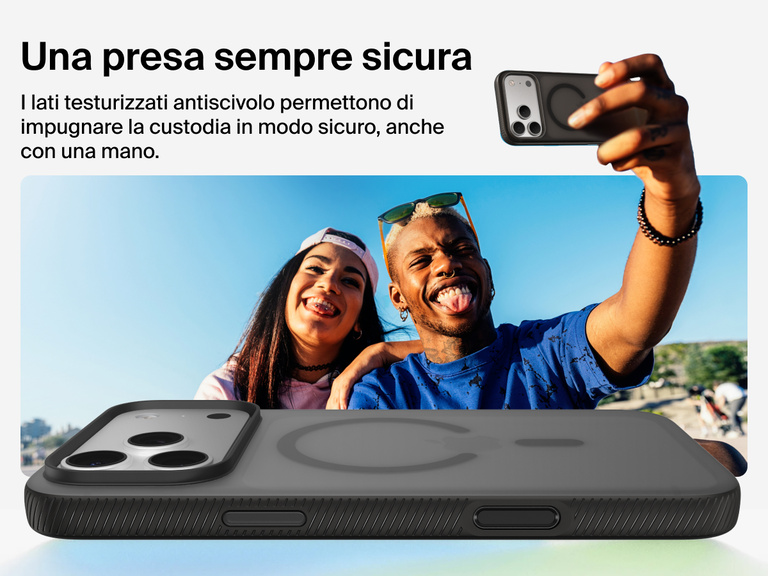 Belkin SheerForce Grip Series Case for iPhone 17 with military-grade drop protection and textured non-slip grip.