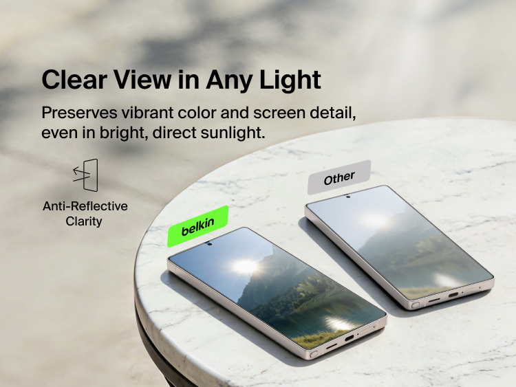 Belkin ScreenForce Titan EcoGuard Anti-Reflective Screen Protector for Samsung Galaxy S26 shown compared against another screen to demonstrate reduced glare and clearer viewing in bright, direct light.