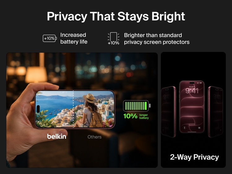 Belkin Titan SmartShield Bright Privacy Screen Protector for iPhone 18 demonstrating 2-way privacy, 10% brighter viewing and 10% longer battery life compared with standard privacy screen protectors.