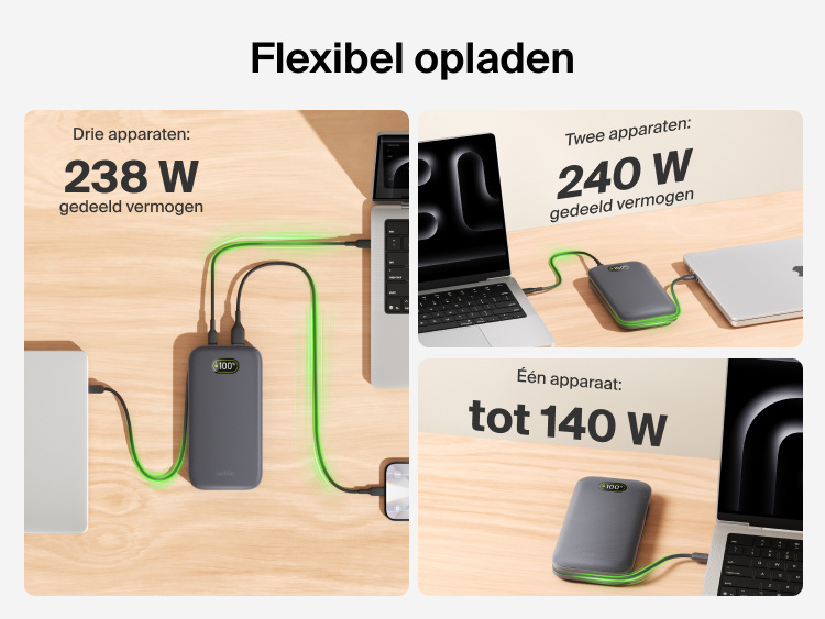 UltraCharge Pro Laptop Power Bank 27K delivering flexible charging with shared power output for one, two, or three devices up to 240W