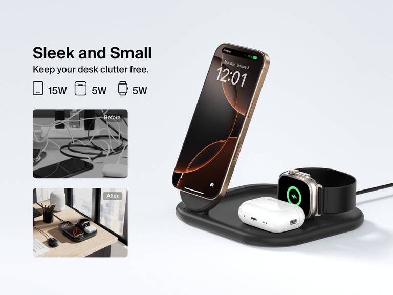The Belkin BoostCharge Pro 3-in-1 Magnetic Foldable Wireless Charger with Qi2 15W charges an iPhone, Apple Watch, and AirPods while reducing desktop clutter, shown in a comparison of messy vs. organized workspace.