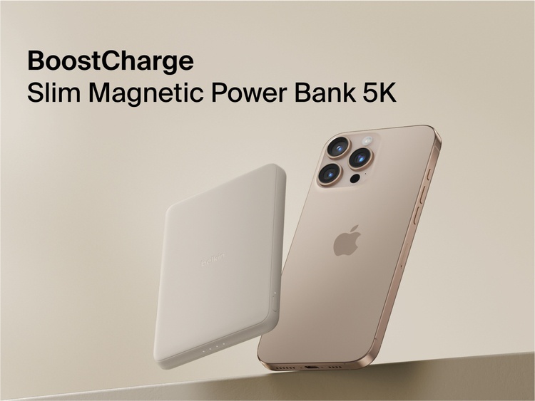 Belkin BoostCharge Slim Magnetic Power Bank 5K shown magnetically attached to a smartphone beside a slim wallet accessory, highlighting its compact portable charging design.