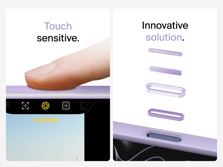 Belkin SheerForce Grip Series Case for iPhone 17 with MagSafe ring, raised edges, and floating tinted buttons for precision protection.