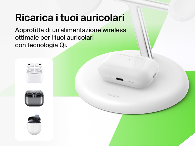 Belkin UltraCharge 3-in-1 Wireless Charging Stand with Qi2 25W charging Qi-enabled earbuds case on base pad with seamless wireless power feature highlighted
