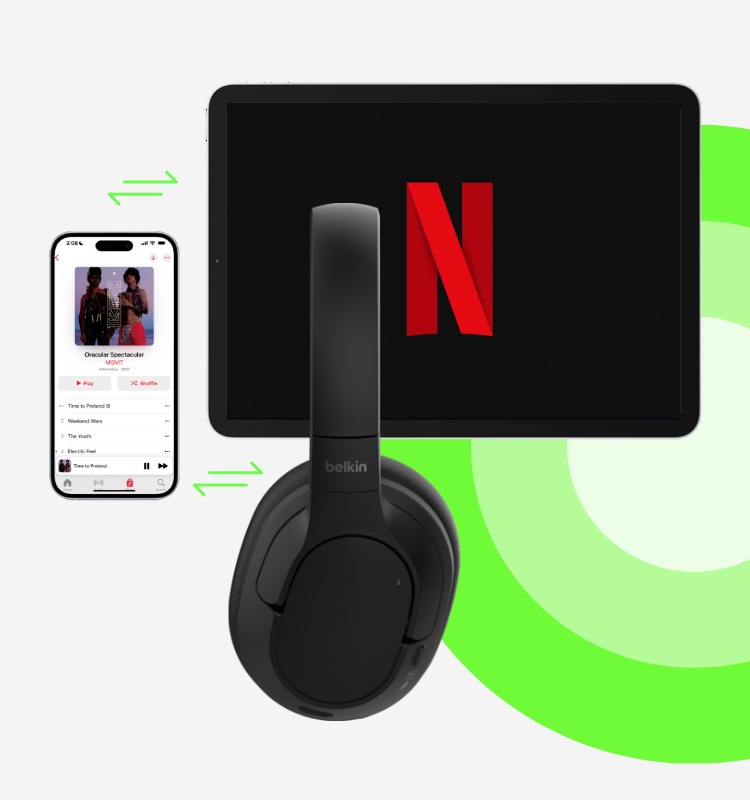 the Noise Cancelling Over-Ear Headphones is connected to a smartphone and a tablet 