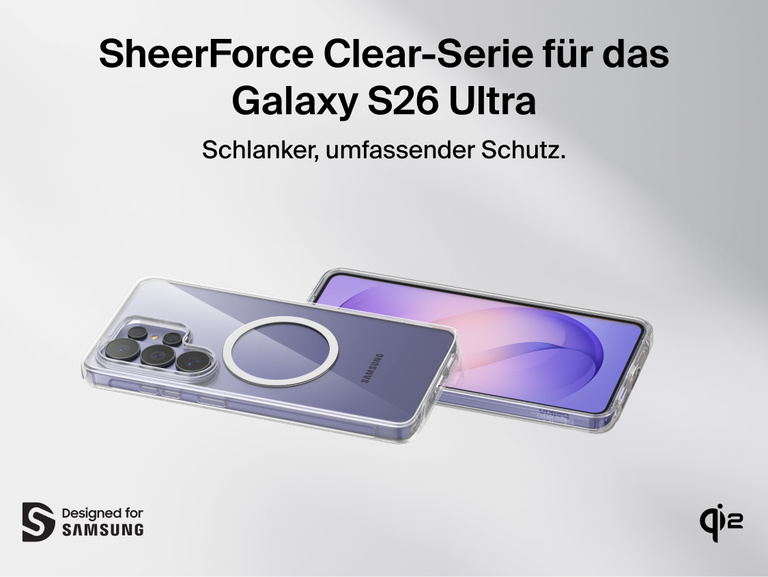 Belkin SheerForce Clear Series Case for Samsung Galaxy S26 shown on phone, featuring a slim, protective clear design with raised edges, precise cutouts, and Qi2 wireless charging compatibility.
