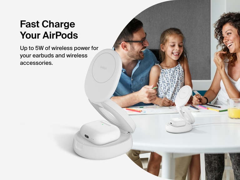 Belkin BoostCharge 2-in-1 Convertible Magnetic Charging Stand with Qi2 15W wirelessly charges AirPods with up to 5W of power, shown in use on a family table.