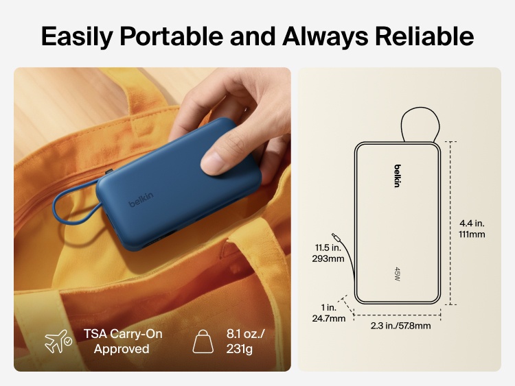 Belkin UltraCharge 10K power bank with integrated USB-C cable and digital display shown as a lightweight, TSA carry-on approved portable charger for everyday travel