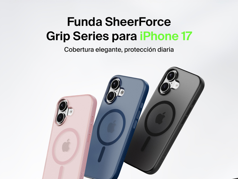 Belkin SheerForce Grip Series protective case for iPhone 17 shown in pink, clear, and black with slim design and MagSafe compatibility.