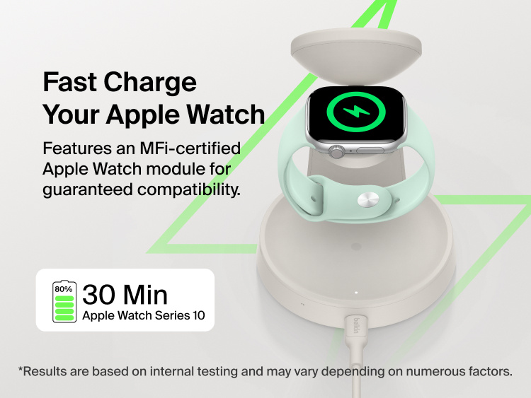 Belkin UltraCharge 3-in-1 Charging Stand with Qi2 25W fast charges Apple Watch with an MFi-certified charging module, reaching 80% in 30 minutes.
