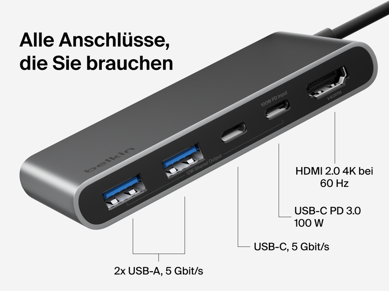 Belkin Connect 5-Port USB-C Hub with Dual USB-C Ports includes HDMI 2.0 4K@60Hz, USB-C PD 3.0 100W, USB-C 5Gbps, and dual USB-A 5Gbps ports.