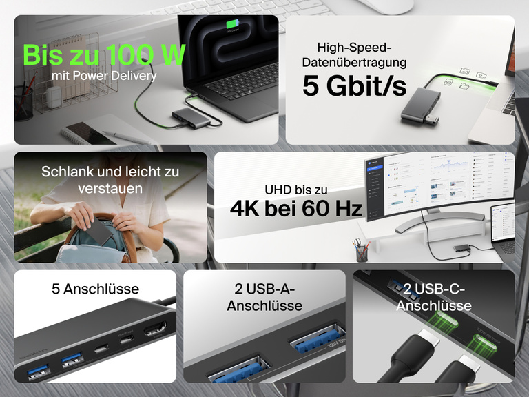 Belkin Connect 5-Port USB-C Hub with Dual USB-C Ports featuring 4K@60Hz display, 100W power delivery, 5Gbps data transfer, 2 USB-C and 2 USB-A ports, in a slim and portable design.