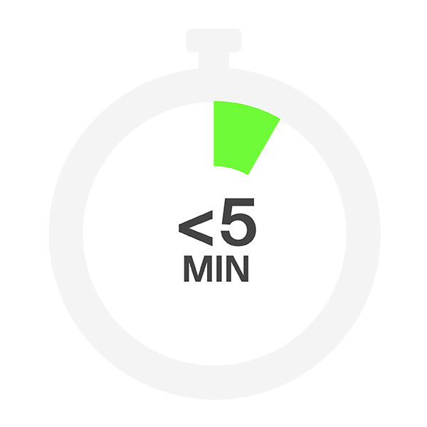A stopwatch-style icon with a small green segment indicating time spent, displaying the text &lsquo;< 5 MIN.