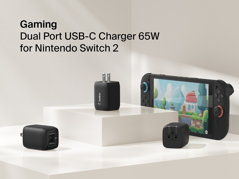 Belkin Gaming Dual USB-C Wall Charger 65W shown with a Nintendo Switch 2 delivers high-speed charging through dual USB-C ports, ideal for console and accessory power.
