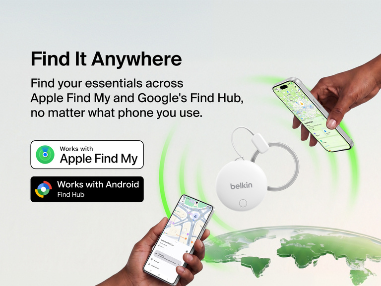 Belkin SureFind Spot works with Apple Find My and Google Find Hub to help locate essentials from compatible iPhone and Android devices.