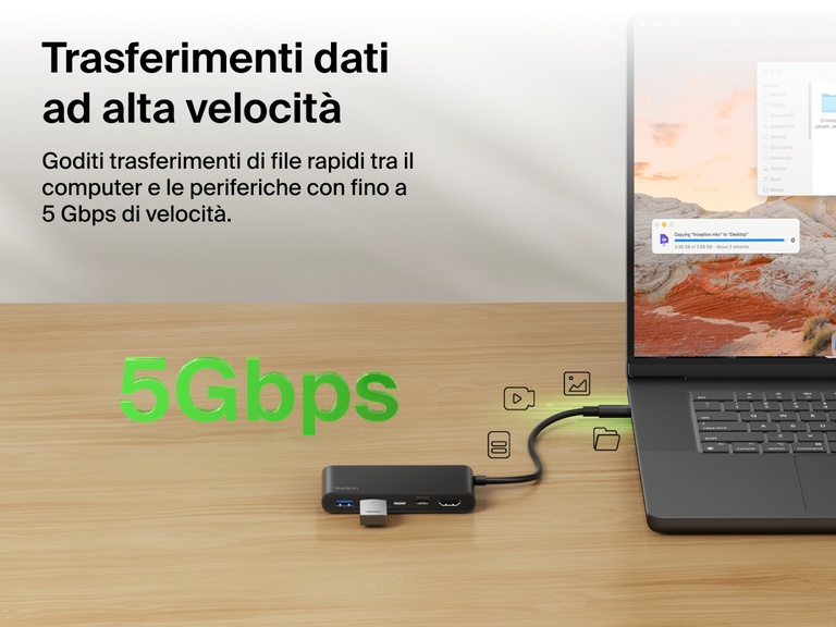 Belkin Connect 5-Port USB-C Hub with Dual USB-C Ports enables high-speed data transfer up to 5Gbps between laptop and connected devices.