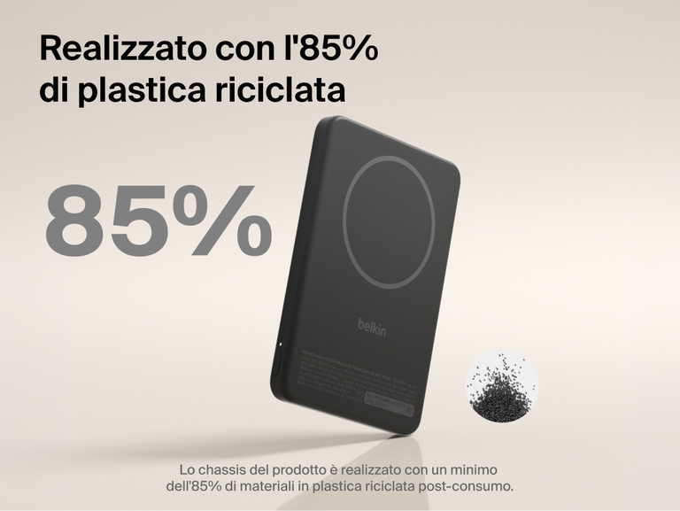 Belkin BoostCharge Slim Magnetic Power Bank 5K with Qi2 shown made with at least 85 percent post-consumer recycled plastic for a more sustainable portable charging solution.