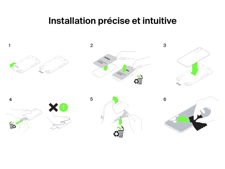 Illustrations montrant le processus d’installation précis et intuitif de la protection d’écran ScreenForce InvisiGlass étape par étape en utilisant le support d’application et les outils de retrait.
