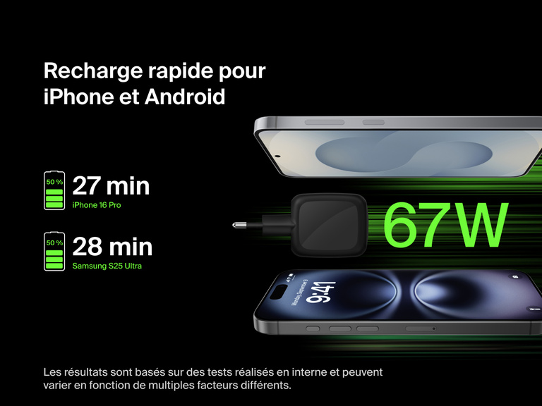 Image du chargeur secteur GaN à deux ports USB-C Belkin BoostCharge Pro (67 W) rechargeant un iPhone et un Android, offrant une recharge de zéro à 50 % en moins de 30 minutes.