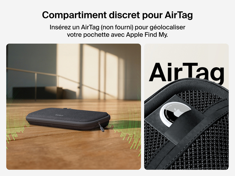 Image de la pochette de transport Belkin Gaming pour Nintendo Switch 2 et de son compartiment dissimulé pour AirTag (non fourni) qui permet de géolocaliser l'accessoire par le biais d'Apple Find My.