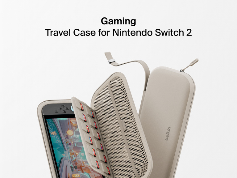 Exploded view of the Belkin Gaming Travel Case for Nintendo Switch 2, featuring compartments for game cards, mesh storage, and durable zippered protection.