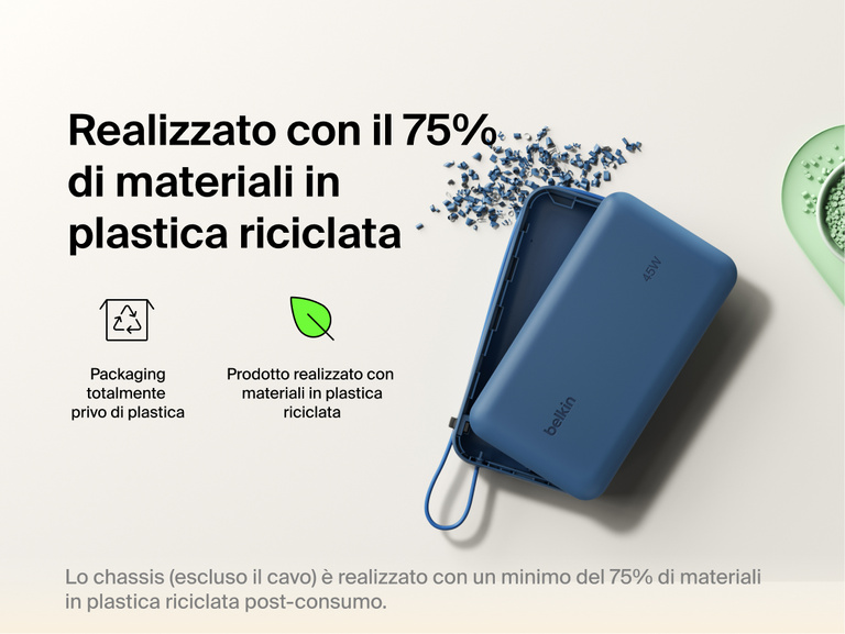 Belkin UltraCharge 20K 45W power bank with integrated cable made with recycled materials and plastic-free packaging for a more sustainable charging solution