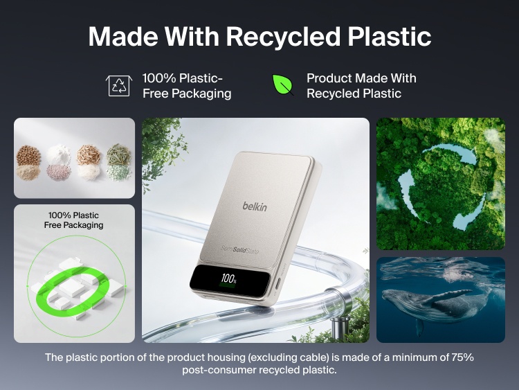 Belkin UltraCharge Pro Power Bank 10K with BoostSolid Cell highlighting a housing made with recycled plastic and 100% plastic-free packaging.