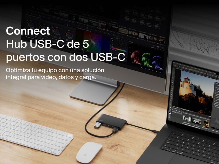 Belkin Connect 5-Port USB-C Hub with Dual USB-C Ports shown on a desk connecting a laptop and monitor for display, data transfer, and charging.