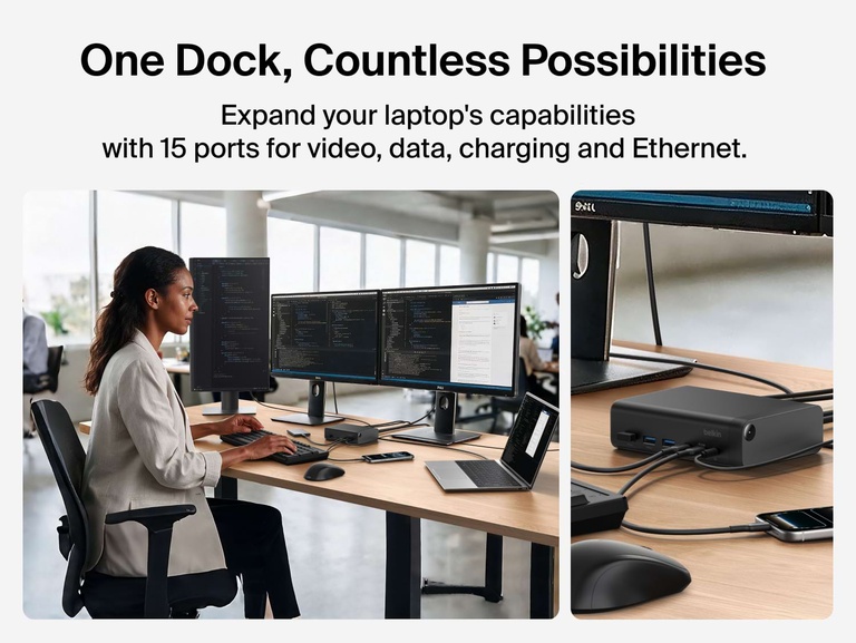 Connect 15-Port Triple Display USB-C Dock connected to a laptop and two monitors at an office desk, illustrating 15 ports for video, data, charging, and Ethernet