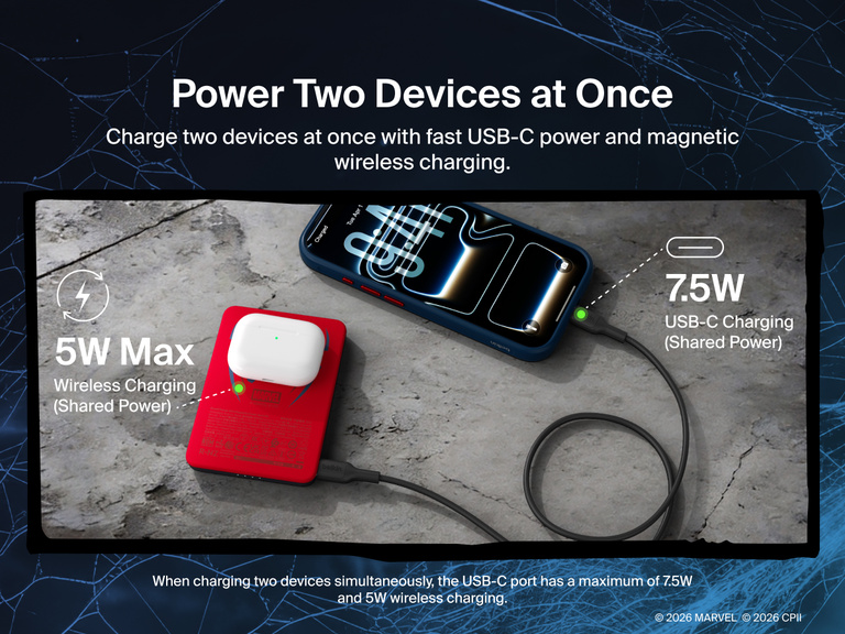 Belkin BoostCharge Slim Magnetic Power Bank 5K shown charging a smartphone and wireless earbuds simultaneously, demonstrating dual charging with 7.5W USB-C and 5W wireless shared power output.