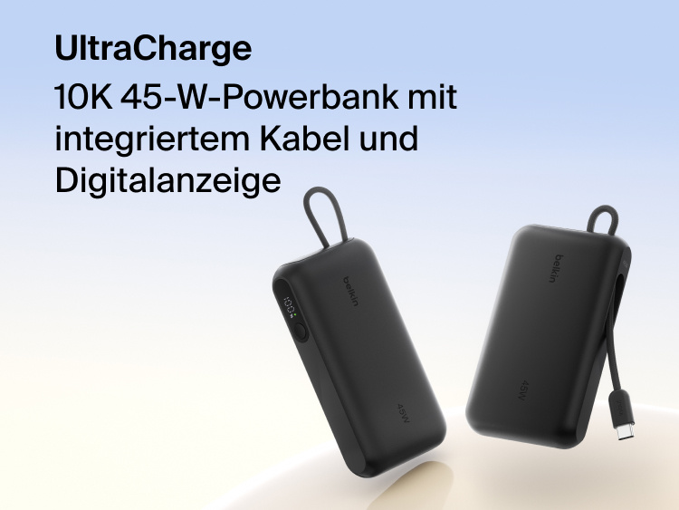 Belkin UltraCharge 10K 45W power bank with integrated cable and digital display showing battery level, designed for fast portable charging.
