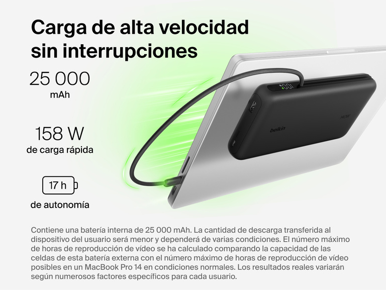 Belkin UltraCharge Pro Laptop Power Bank 25K delivering up to 158W fast charging with integrated USB-C cable connected to a laptop, 25,000 mAh capacity and digital display