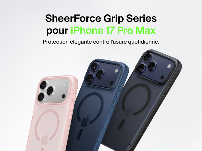 Belkin SheerForce Grip Series protective case for iPhone 17 shown in pink, clear, and black with slim design and MagSafe compatibility.