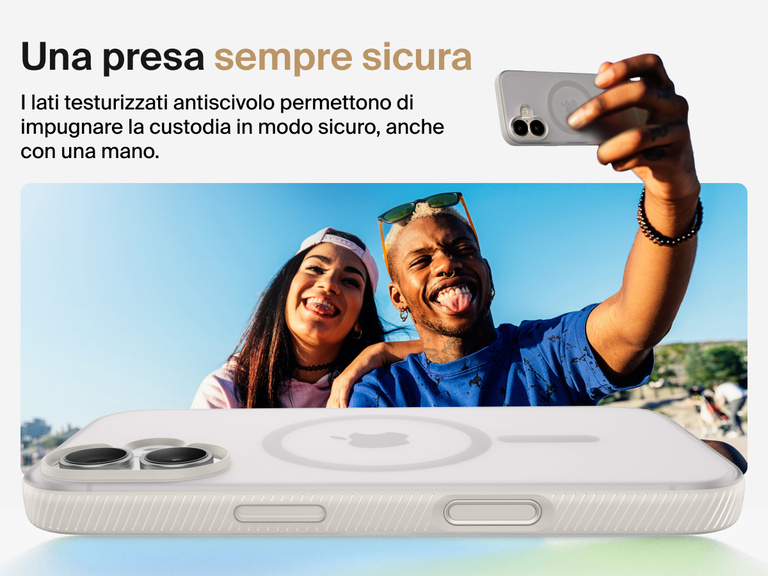 Belkin SheerForce Grip Series Case for iPhone 17 with military-grade drop protection and textured non-slip grip.