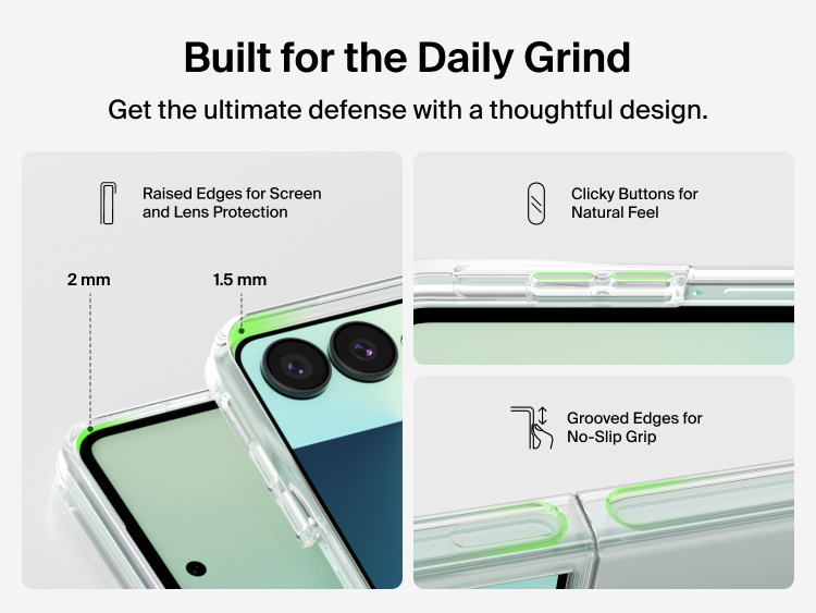 Belkin Clear Series Case for Samsung Galaxy Z Flip8 features raised screen and camera edges, responsive buttons, and grooved edges for a secure no-slip grip.