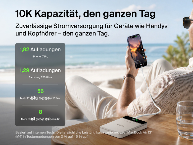 Die Belkin UltraCharge Pro Powerbank 10K mit BoostSolid-Zelle l&auml;dt ein Smartphone am Strand auf. Es wird zudem die 10K-Kapazit&auml;t hervorgehoben, die f&uuml;r zuverl&auml;ssige mobile Stromversorgung den ganzen Tag &uuml;ber sorgt.