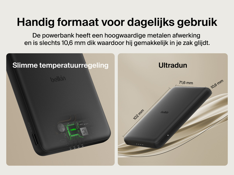 Belkin BoostCharge Slim Magnetic Power Bank 5K shown with smart thermal control and ultra-slim 0.5-inch profile designed for portable, pocket-friendly charging.